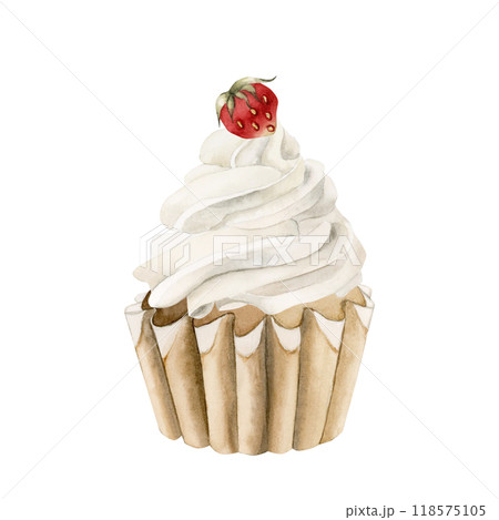 Cupcake with cream and strawberries. Sweet dessert with fruits. Watercolor hand drawn isolated food illustration for bakery and confectionery design, cafe menu, table textille and delicious print 118575105