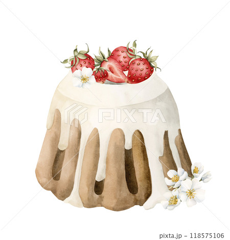Cake with white glaze and fresh strawberries with flowers. Watercolor hand drawn isolated food illustration for bakery and confectionery design, cafe menu, table textille, delicious prints and cards Cake with white glaze and fresh strawberries with flowers. Watercolor hand drawn isolated food illustration for bakery and confectionery design, cafe menu, table textille, delicious prints and cards 118575106