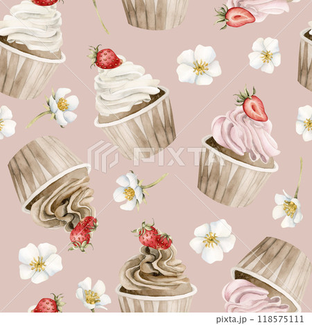 Cupcakes with strawberry and flowers. Watercolor seamless pattern on pink background with muffins and fruits for confectionery design, table textile, delicious prints, summer fabrics, wrapping paper 118575111