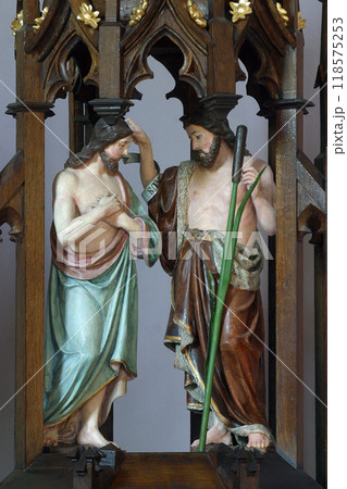Baptism of the Lord statue on the baptistery at Holy Trinity Church in Krapinske Toplice, Croatia 118575253