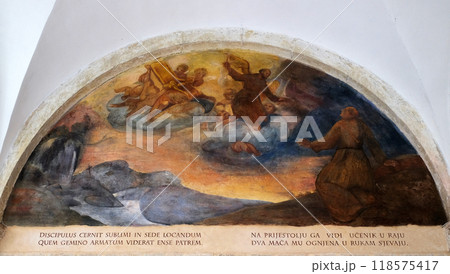 The frescoes with scenes from the life of St. Francis of Assisi, cloister of the Franciscan monastery of the Friars Minor in Dubrovnik, Croatia 118575417