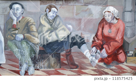 The scenes of pilgrims on their way to Santiago de Compostela, fresco by Sieger Koder on the wall of the pilgrimage house of St. James in Hohenberg, Germany 118575425