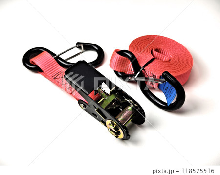very useful ratchet strap on isolated white background, close up and beautiful pink ratchet very useful ratchet strap on isolated white background, close up and beautiful pink ratchet 118575516