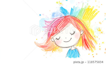 Little girl smiling with closed eyes and rainbow hair 118575834