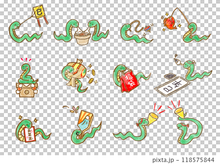 縁起物と可愛い蛇の手描きイラストセット 118575844