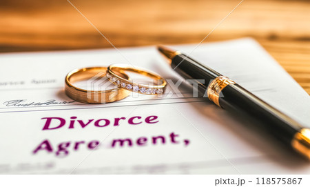 Divorce agreement being finalized with wedding rings on table Divorce agreement being finalized with wedding rings on table 118575867