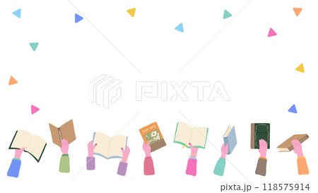 本を持つ手、手で本を持っている背景フレーム、かわいい手描きのイラスト 本を持つ手、手で本を持っている背景フレーム、かわいい手描きのイラスト 118575914