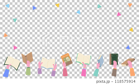 本を持つ手、手で本を持っている背景フレーム、かわいい手描きのイラスト 本を持つ手、手で本を持っている背景フレーム、かわいい手描きのイラスト 118575914