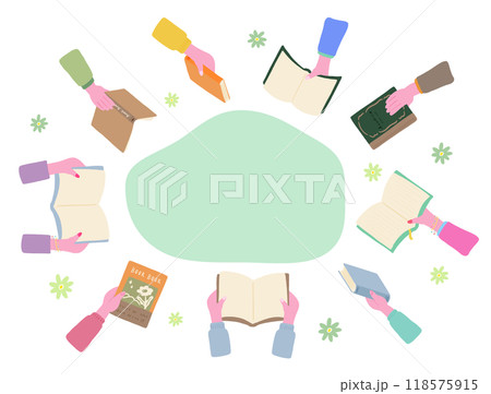 本を持つ手、手で本を持っている背景フレーム、かわいい手描きのイラスト 本を持つ手、手で本を持っている背景フレーム、かわいい手描きのイラスト 118575915