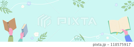 本を持つ手と植物の装飾の背景フレーム、かわいい手描きのイラスト 本を持つ手と植物の装飾の背景フレーム、かわいい手描きのイラスト 118575917