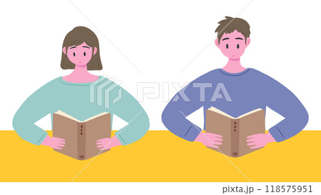 机で本を読んでいる女性と男性、上半身、かわいい手描きのイラスト 机で本を読んでいる女性と男性、上半身、かわいい手描きのイラスト 118575951