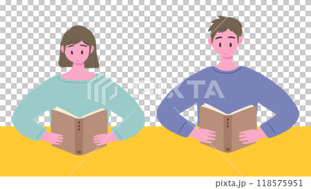 机で本を読んでいる女性と男性、上半身、かわいい手描きのイラスト 机で本を読んでいる女性と男性、上半身、かわいい手描きのイラスト 118575951