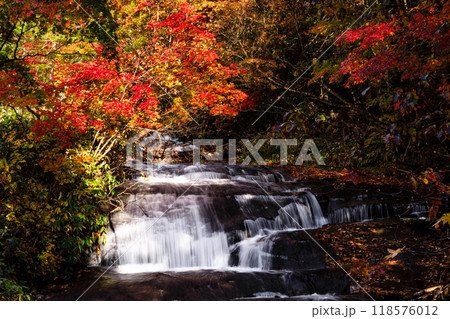北海道恵庭市、紅葉に染まるラルマナイの滝【10月】 北海道恵庭市、紅葉に染まるラルマナイの滝【10月】 118576012