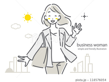 笑顔で出勤する充実しているビジネスウーマン　シンプルでお洒落な線画イラスト 118576054