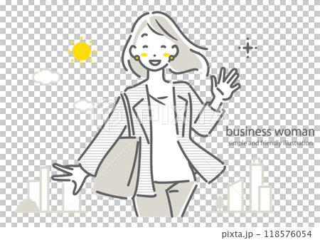 笑顔で出勤する充実しているビジネスウーマン　シンプルでお洒落な線画イラスト 118576054