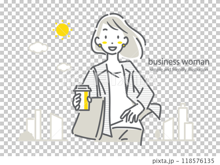 A fulfilled businesswoman going to work with a smile - simple and stylish line drawing illustration 118576135