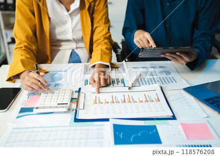 professional business meeting and discussing strategy with new startup project.Creative business people planning and brainstorm with document report 118576208