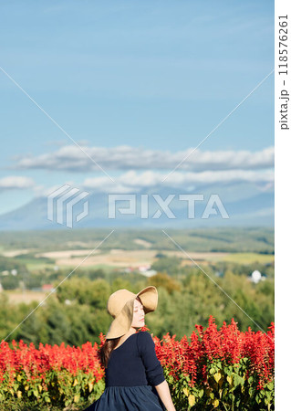北海道の大自然をバックに花畑の中に座る女性 118576261