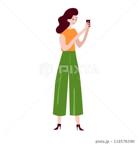 Woman takes mobile photo or selfie in flat design. Girl holds smartphone. Vector illustration isolated. Woman takes mobile photo or selfie in flat design. Girl holds smartphone. Vector illustration isolated. 118576390