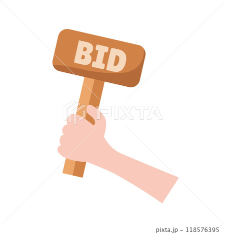 Hand with bid at auction in flat design. Buyer trading at art museum. Vector illustration isolated. 118576395