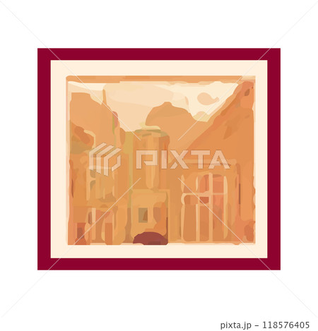 Artwork painting in frame in flat design. Drawing picture with cityscape. Vector illustration isolated. 118576405