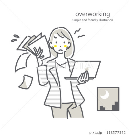 ストレスを抱えながら残業をするビジネスパーソン　シンプルでお洒落な線画イラスト 118577352