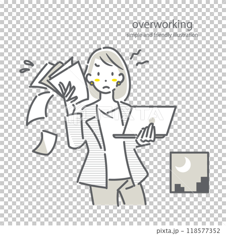 ストレスを抱えながら残業をするビジネスパーソン　シンプルでお洒落な線画イラスト 118577352