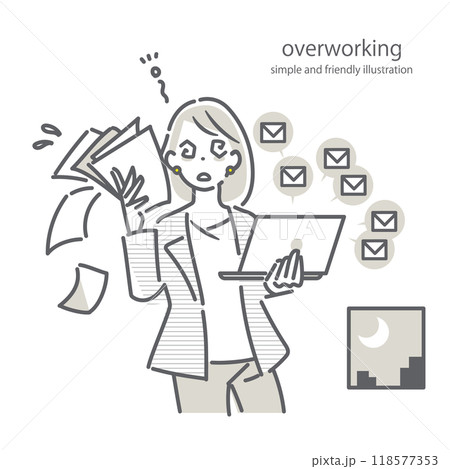ストレスを抱えながら残業をするビジネスパーソン　シンプルでお洒落な線画イラスト 118577353