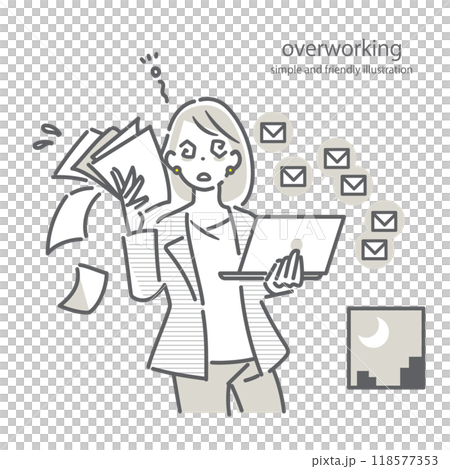 A simple and stylish line drawing of a business person working overtime while feeling stressed 118577353