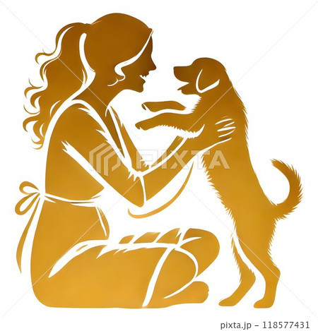 黄金色のシルエットで描かれたエプロン姿の女性が、しゃがんで犬を抱きかかえ、笑顔で顔を合わせている。 118577431