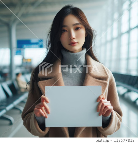 Happy attractive asian woman traveler at the modern airport terminal, copy space, Tourist journey trip concept with Generative AI. 118577818
