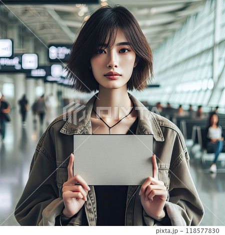Happy attractive asian woman traveler at the modern airport terminal, copy space, Tourist journey trip concept with Generative AI. 118577830