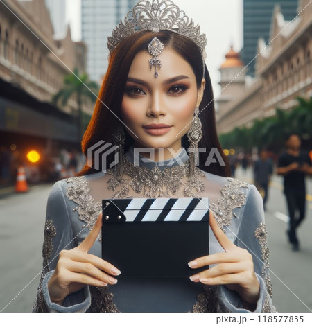 Young islamic(muslimah) girl with traditional clothing holding blank sign with Generative AI. 118577835