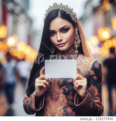 Young islamic(muslimah) girl with traditional clothing holding blank sign with Generative AI. 118577840