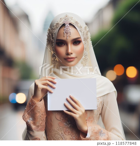 Young islamic(muslimah) girl with traditional clothing holding blank sign with Generative AI. 118577848