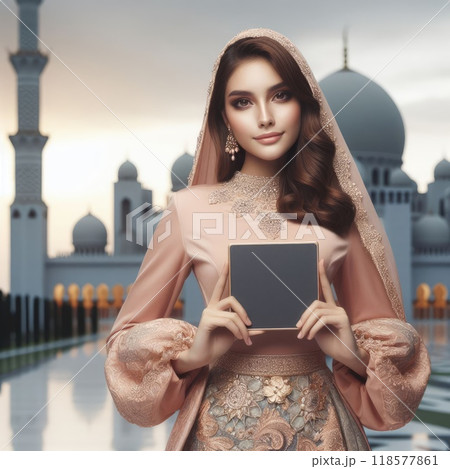 Young islamic(muslimah) girl with traditional clothing holding blank sign with Generative AI. 118577861