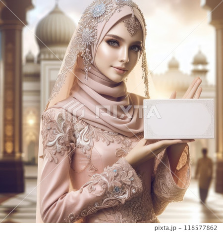 Young islamic(muslimah) girl with traditional clothing holding blank sign with Generative AI. Young islamic(muslimah) girl with traditional clothing holding blank sign with Generative AI. 118577862