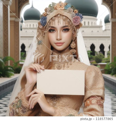 Young islamic(muslimah) girl with traditional clothing holding blank sign with Generative AI. 118577865