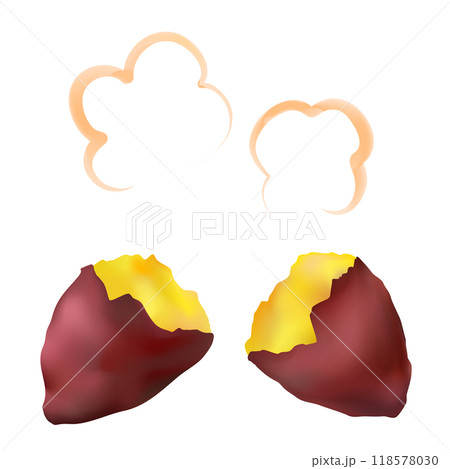湯気が立っている半分に割ったさつまいも（焼き芋）のベクターイラスト 118578030