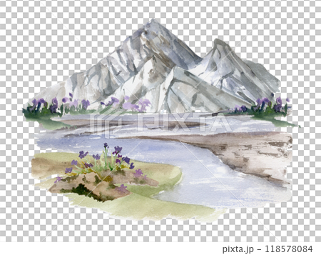 Scenery landscape of mountain range snowy peaks, river lake fields meadow swamp flowers alpine vista hand drawn in watercolor. Illustration for tourism map, resort ads, hiking camping sites, vacation. Scenery landscape of mountain range snowy peaks, river lake fields meadow swamp flowers alpine vista hand drawn in watercolor. Illustration for tourism map, resort ads, hiking camping sites, vacation. 118578084
