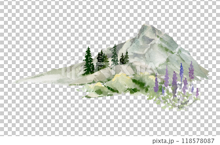 Scenery landscape of mountain range peaks cliffs, coniferous forest pine trees, alpine flowers vista hand drawn in watercolor. Illustration for tourism maps, resort ads, hiking camping sites vacation. 118578087