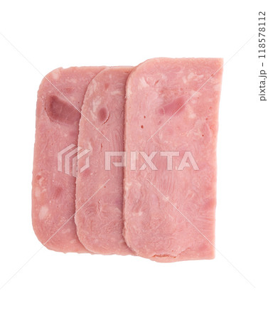 ham slices isolated on white 118578112