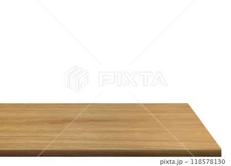 Side view of empty wooden table isolated on white background. Side view of empty wooden table isolated on white background. 118578130