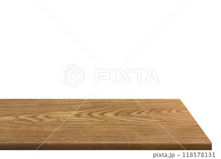 Side view of empty wooden table isolated on white background. Side view of empty wooden table isolated on white background. 118578131