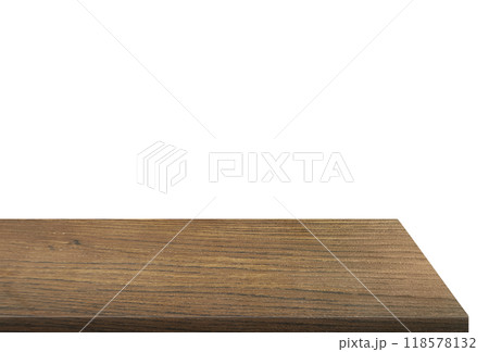 Side view of empty wooden table isolated on white background. 118578132