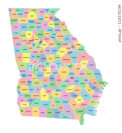 Georgia, U.S. state, subdivided into 159 counties, multi colored political map with capital Atlanta, borders and county names. State in the Southeastern region of the United States. The Peach State. 118578194
