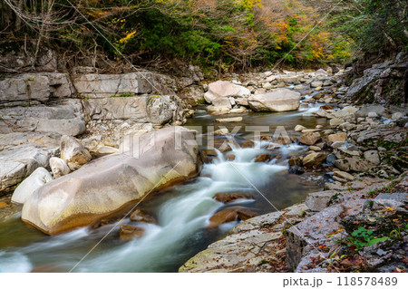 奥津渓の秋 　紅葉の渓谷16　岡山県苫田郡鏡野町 118578489
