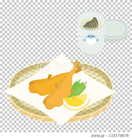 Fried puffer fish and fin sake Fried puffer fish and fin sake 118578678