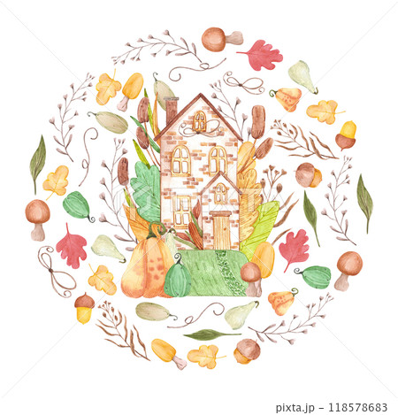 Hand drawn watercolor autumn fairytale house with mushrooms and leaves frame border isolated on white background. Can be used for postcard, label, scrapbook and other printed products. 118578683