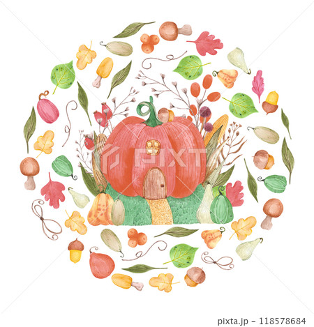 Hand drawn watercolor autumn fairytale pumpkin house with mushrooms and leaves frame border isolated on white background. Can be used for postcard, label, scrapbook and other printed products. 118578684
